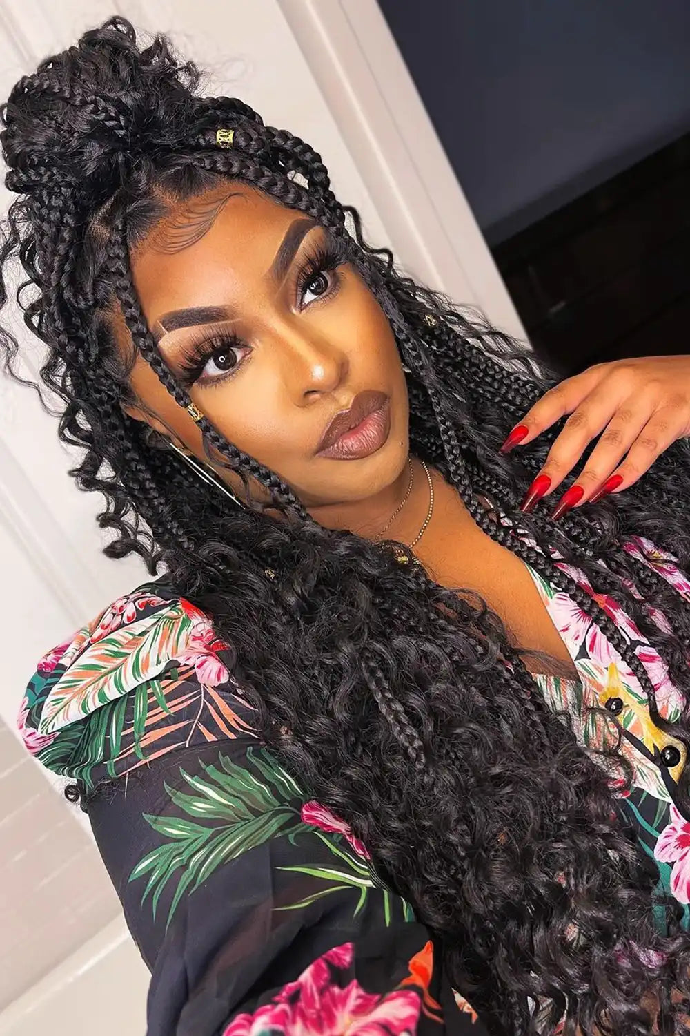 Boho Box Braid Wigs Full Lace Knotless Braided With Curly Hair