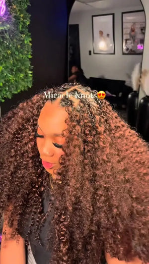 Ins influencer hollywoodstylez__ showing the braiding process of dark brown 4 burmese curly with spiral curls feather crochet miracle knots hair