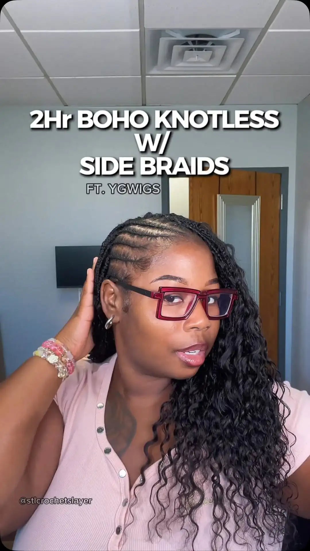 Ins influencer stlcrochetslayer showing the braiding process of crochet miracle knots braids pre looped deep wave curls human hair bb32