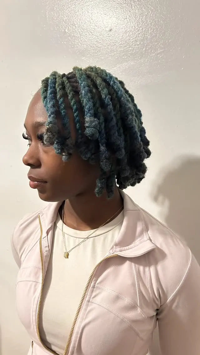 1. Chunky faux loc bob with teal blue color, hairstylist located in Philadelphia, PA