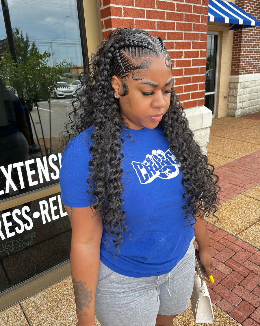 Half-up braided ponytail with long black curls and feed-in braids, hairstylist in Memphis, TN