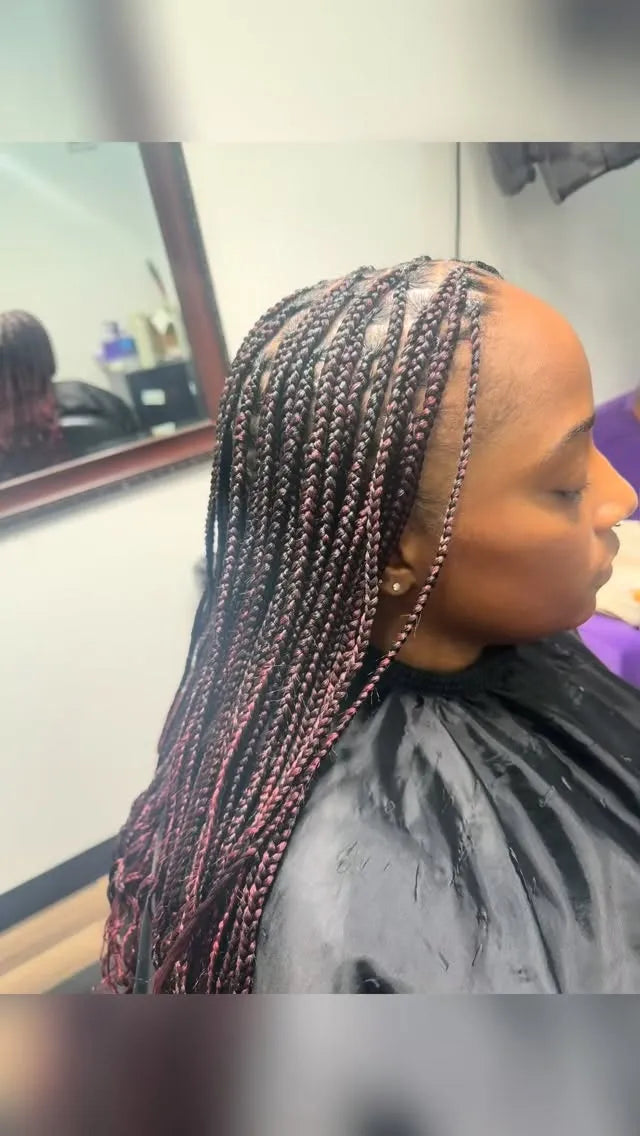 Long burgundy and black small box braids with a center part and straight braided length, hairstylist located in Chesterfield, VA