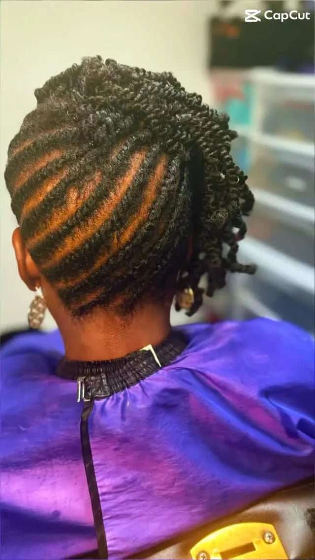 Short natural flat-twist updo with curved parting and twisted ends gathered at the back, hairstylist located in Chesterfield, VA
