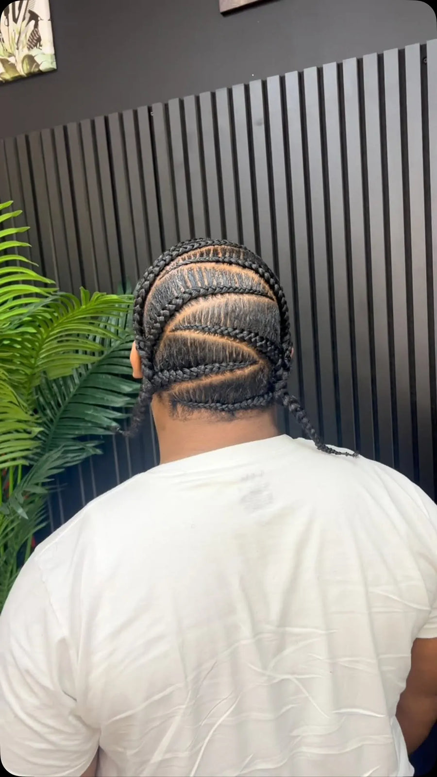 Men’s curved stitch cornrows with braided design, hairstylist located in Reisterstown, MD