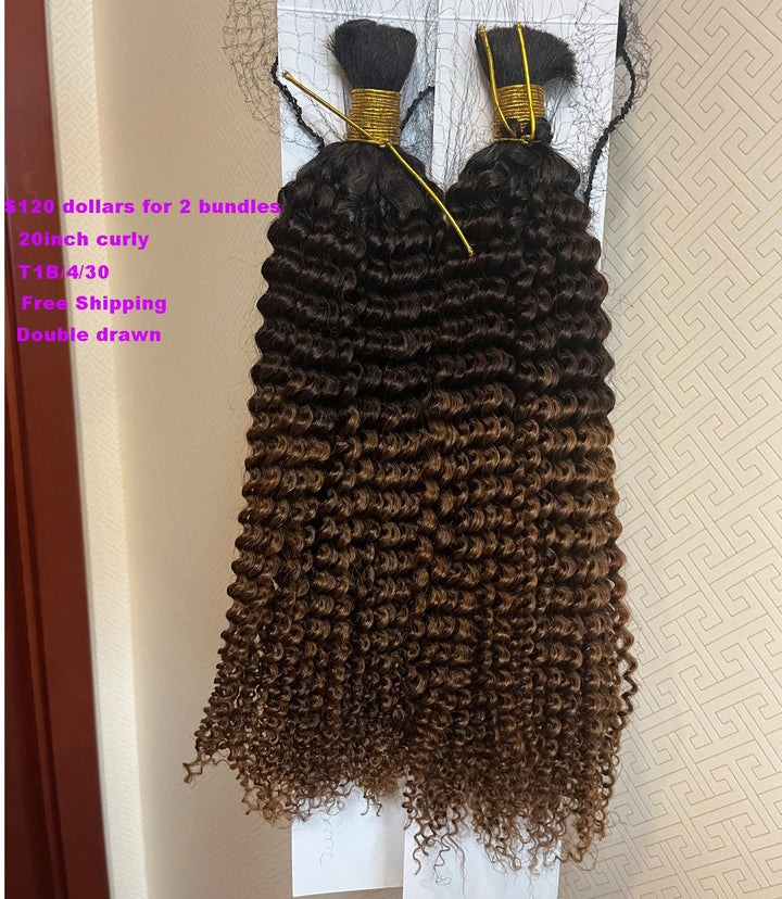 Double Drawn Curly Bulk Human Hair #1B/4/30 Color 20 Inch