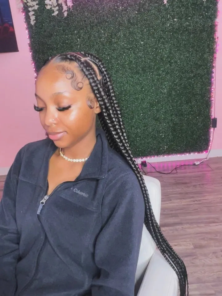 Long knotless braids with side part and sculpted baby hairs, Stylist located in Griffin, GA