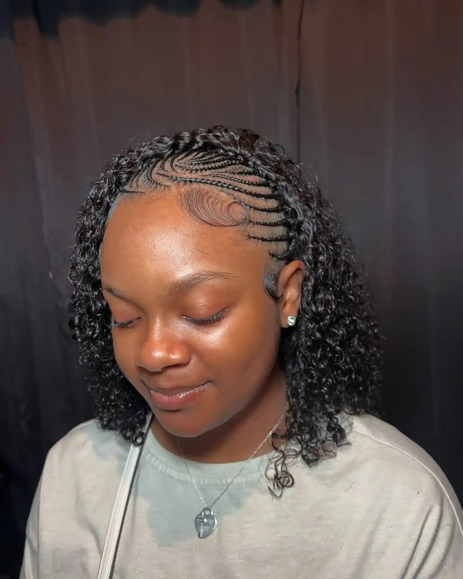 Side cornrow braids with loose curly boho hair, Stylist located in Griffin, GA