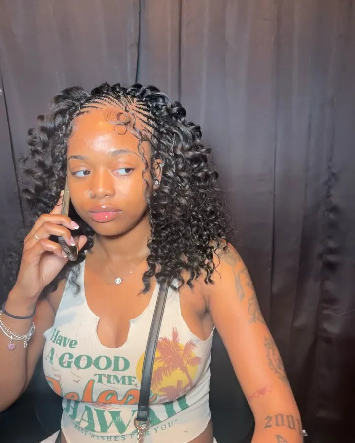 Boho cornrow braids with curly shoulder length ends, Stylist located in Griffin, GA