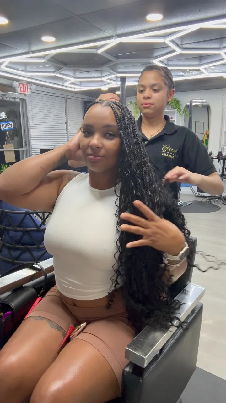 Large stitch braids with clean curved parting and sleek edges, hairstylist in Wilkes-Barre, PA