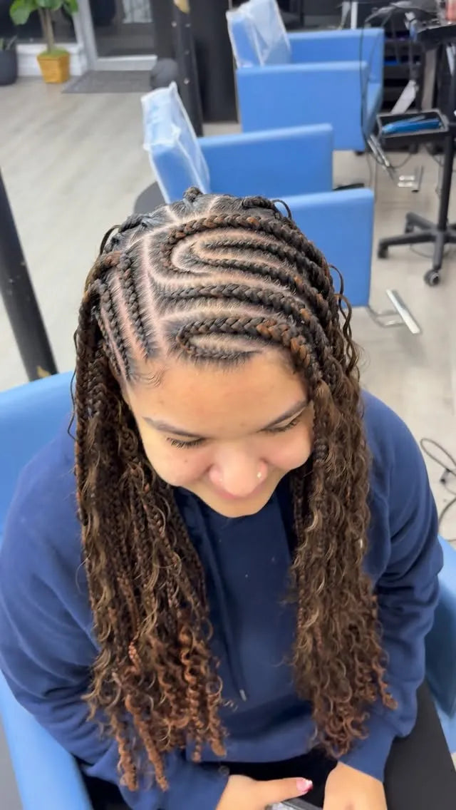 Long Fulani-style boho braids with front cornrows and loose curly strands, hairstylist located in Wilkes-Barre, PA