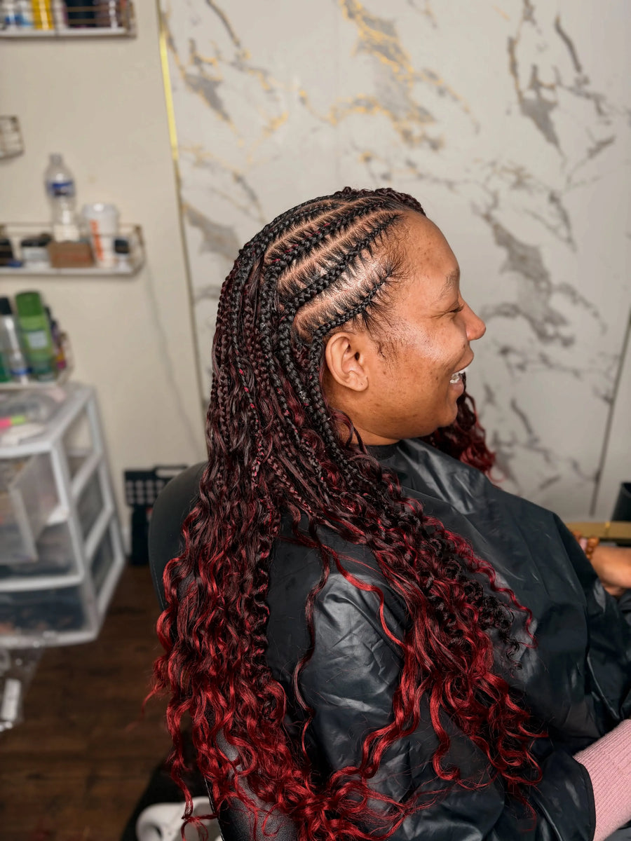 Burgundy boho knotless braids with loose curls, Stylist located in Philadelphia, PA