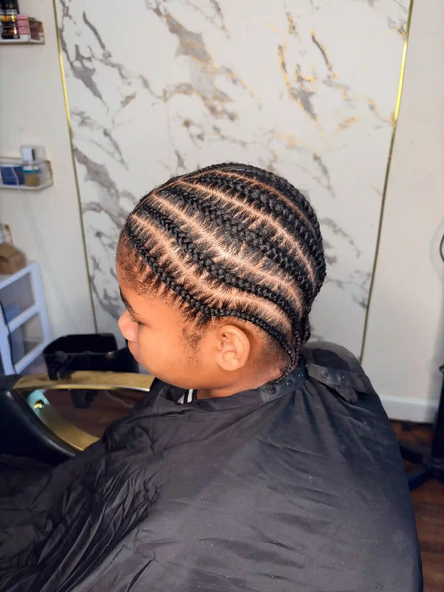 Kids cornrow braids with clean curved parting, Stylist located in Philadelphia, PA