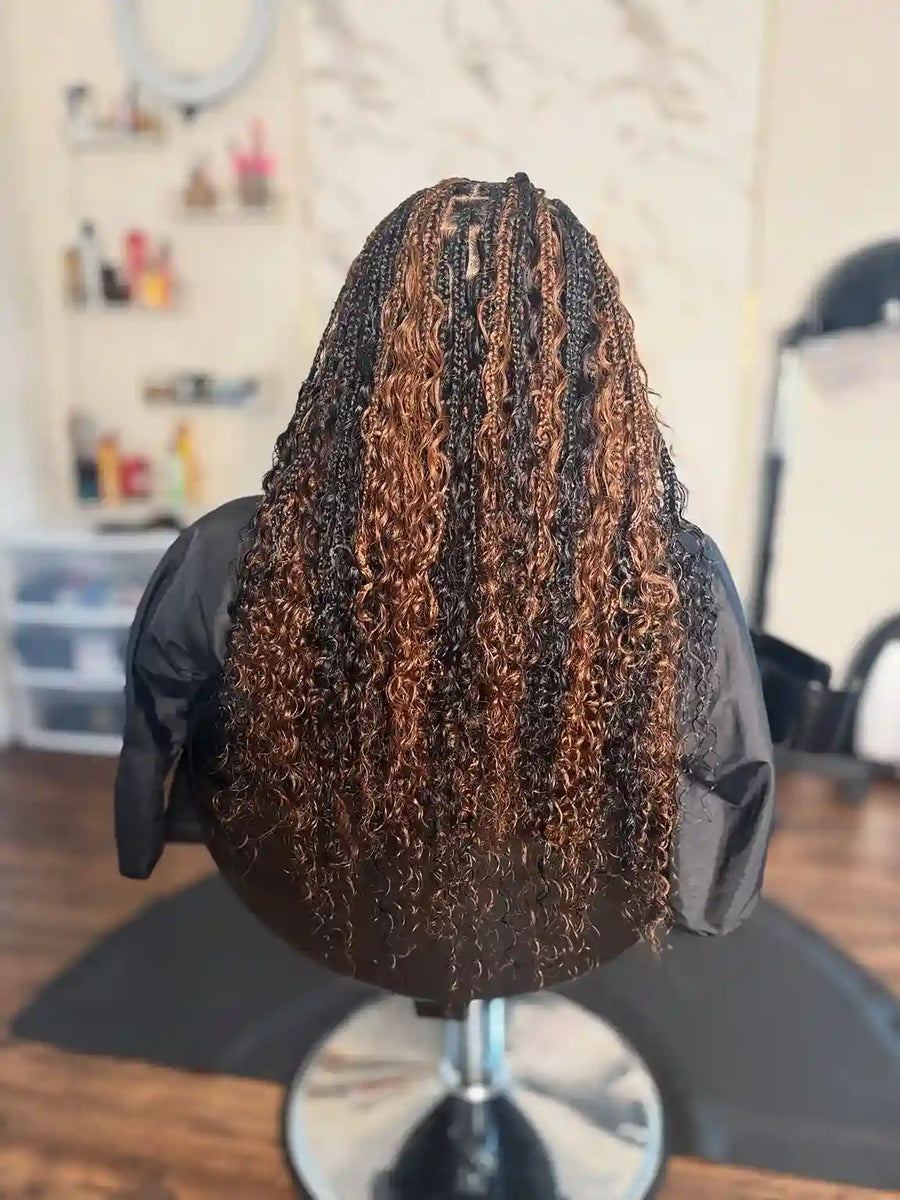 Ombre boho knotless braids with copper curls, Stylist located in Philadelphia, PA