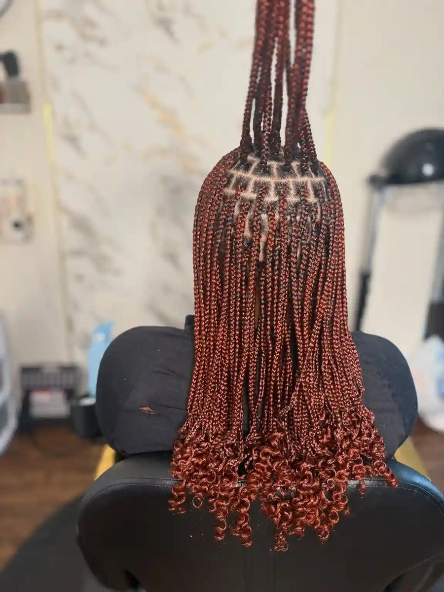 Burgundy knotless braids with curly ends, Stylist located in Philadelphia, PA