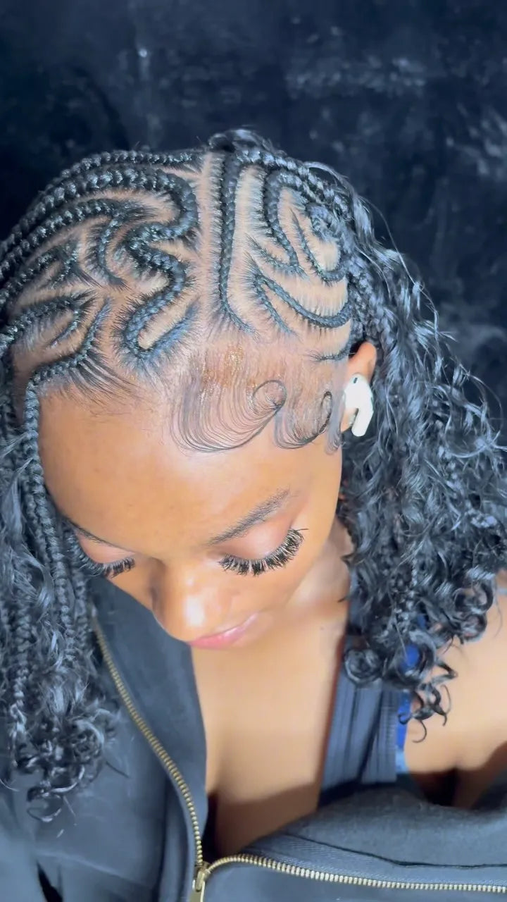 Heart design stitch braids with curly half up half down hair, Stylist located in New Haven, CT