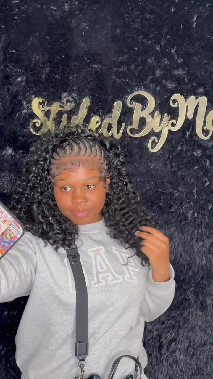 Curly half up half down style with stitch braids and swooped edges, Stylist located in New Haven, CT