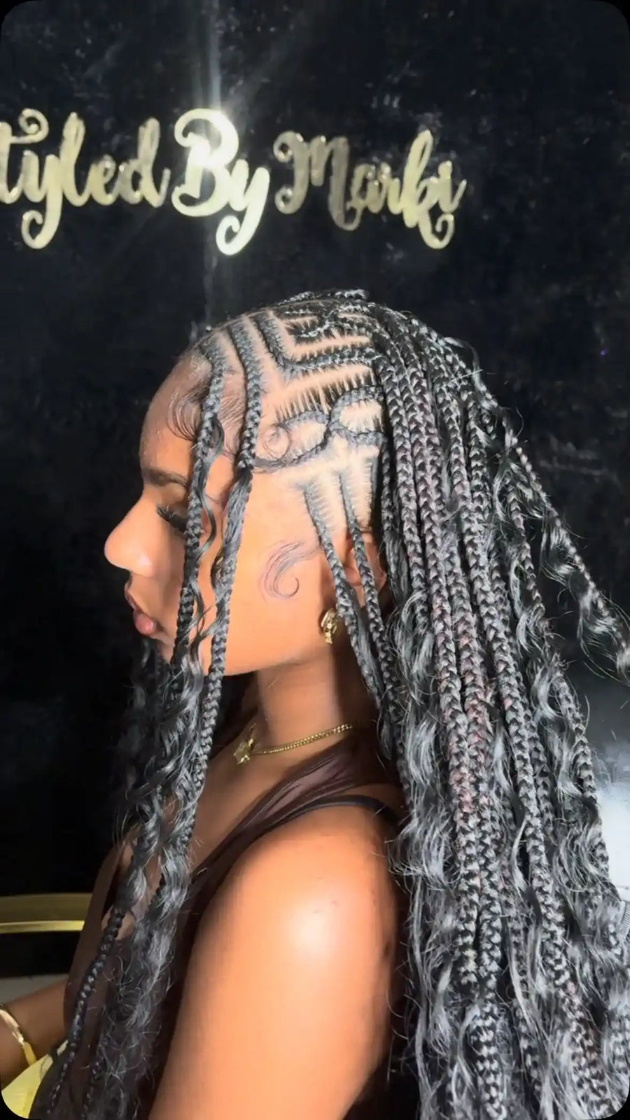 Boho goddess braids with heart part design and loose curls, Stylist located in New Haven, CT