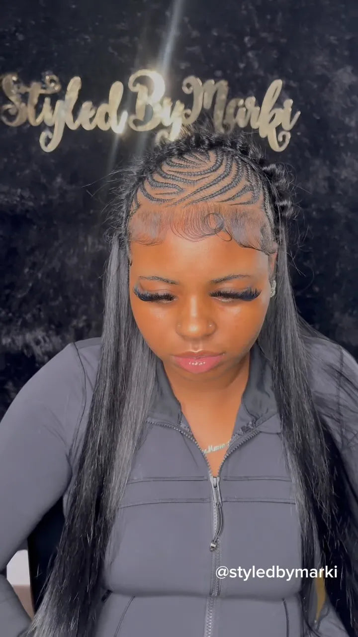 Curved stitch braid crown with long straight half up half down hair, Stylist located in New Haven, CT