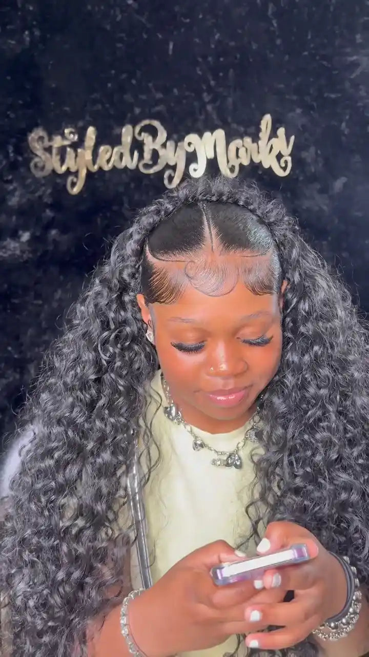 Curly half up half down style with braided crown and styled edges, Stylist located in New Haven, CT