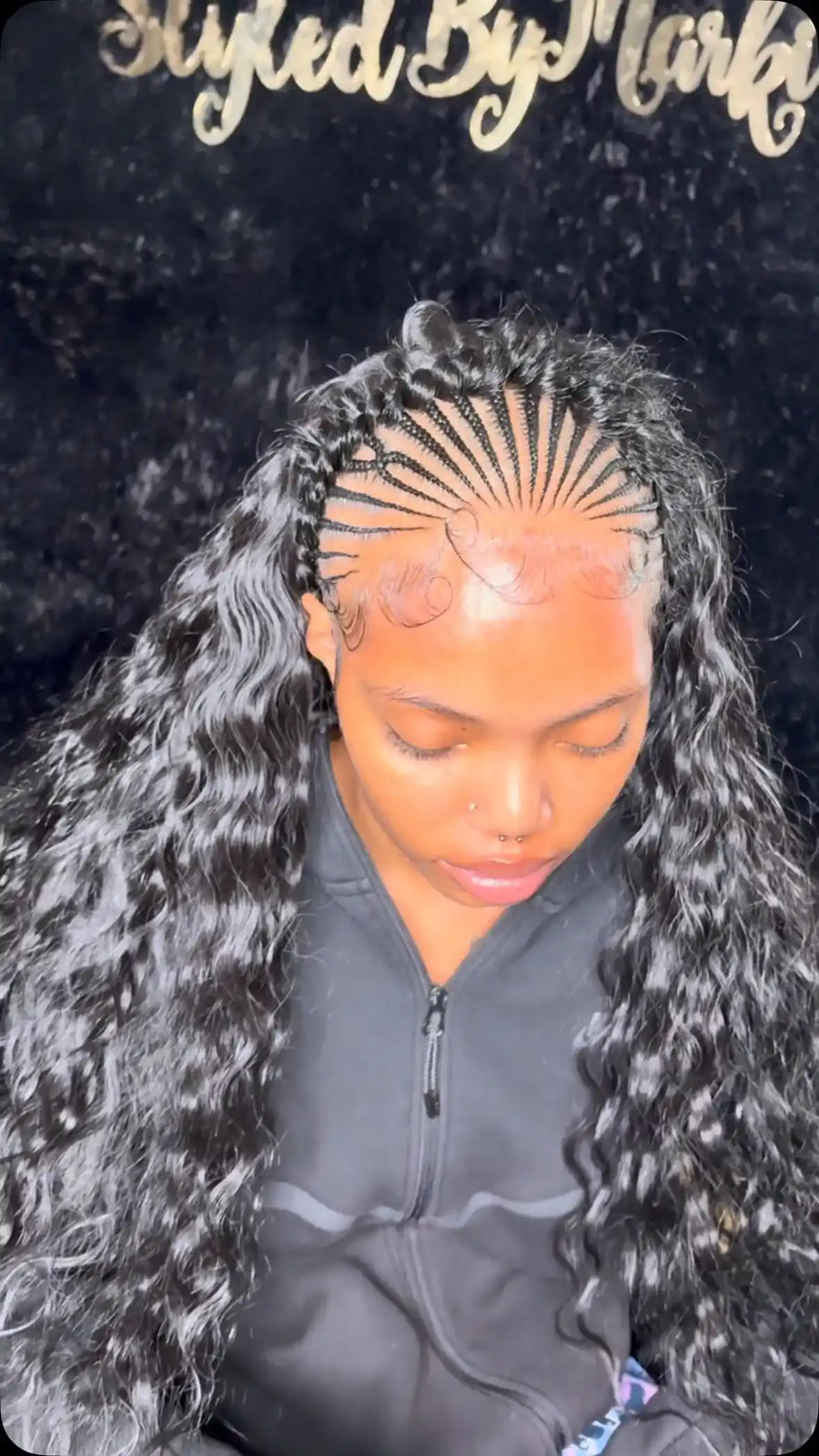 Fan pattern stitch braids with loose wave half up half down hair, Stylist located in New Haven, CT