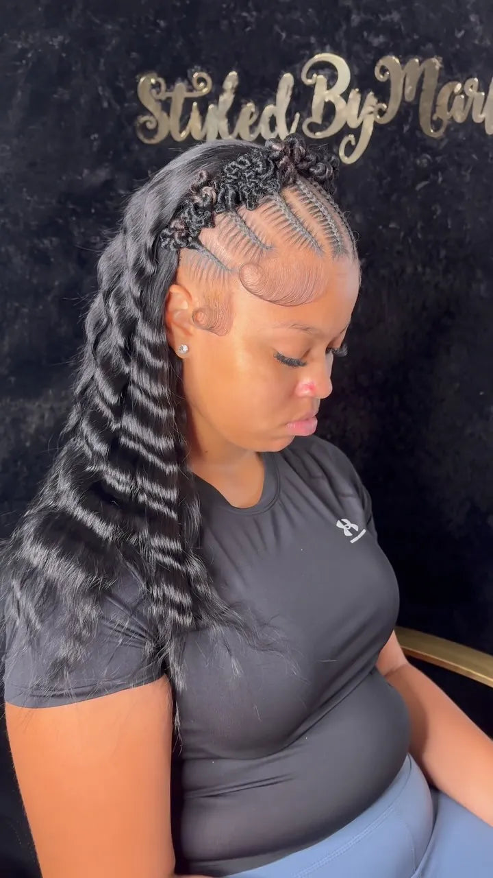 Stitch braid crown with deep wave half up half down hair, Stylist located in New Haven, CT