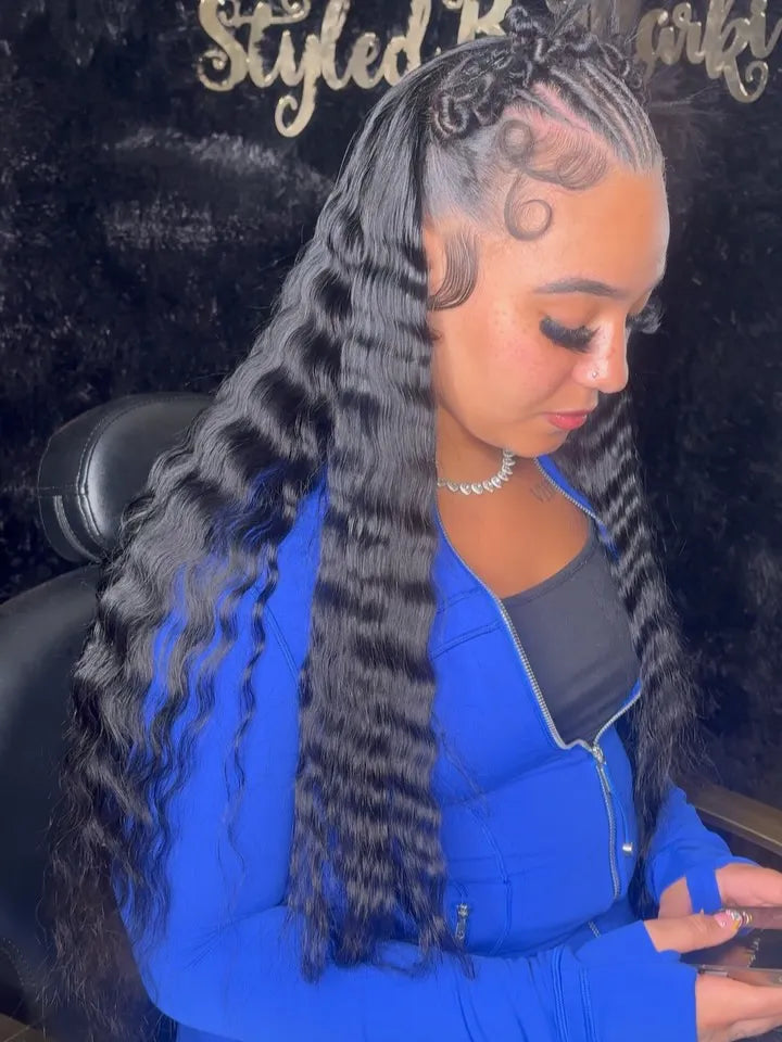 Crimped wave half up half down style with braided crown, Stylist located in New Haven, CT