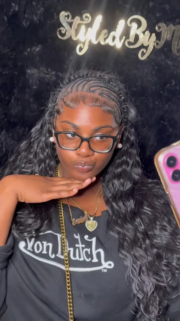 Half up half down quick weave with stitch braids and deep waves, Stylist located in New Haven, CT