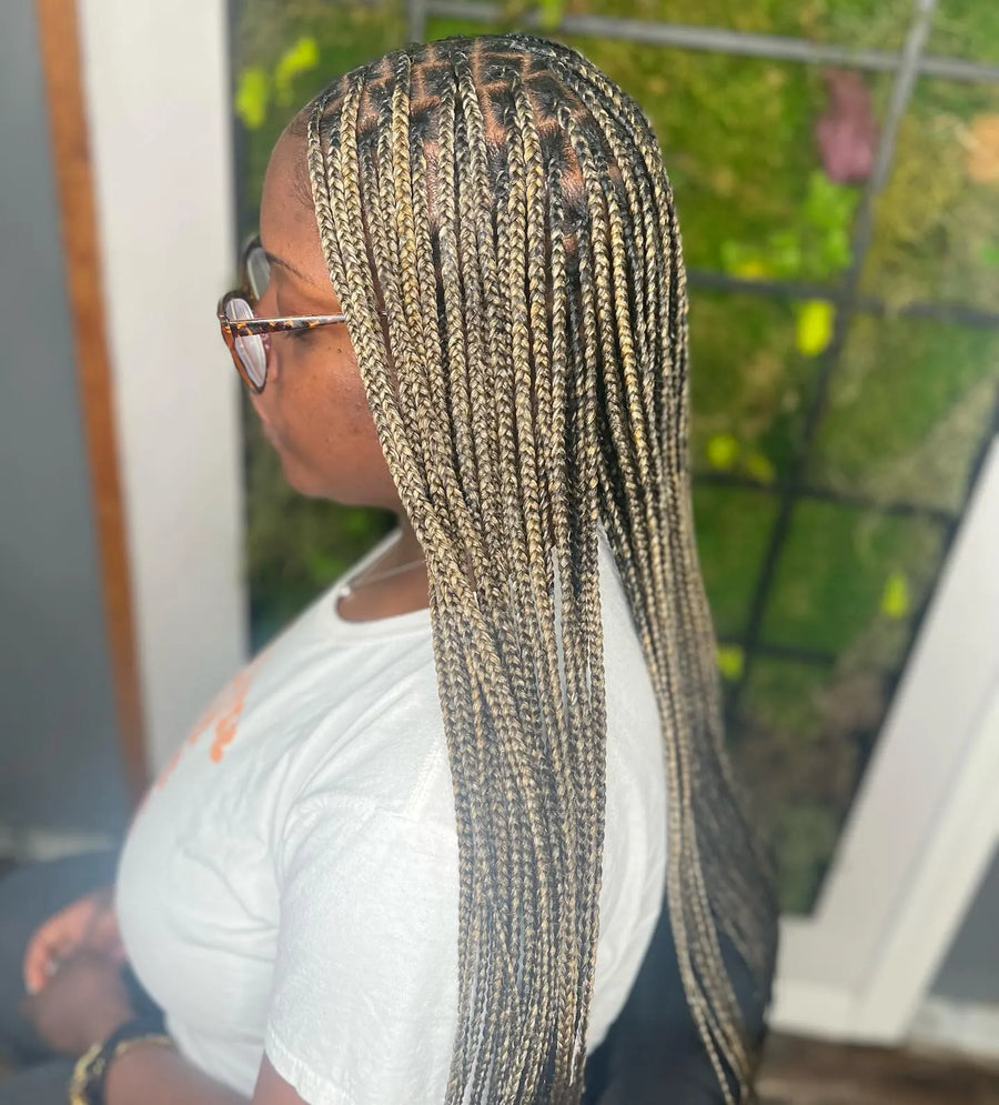 Long blonde small box braids with clean parting, hairstylist in Brooklyn, NY