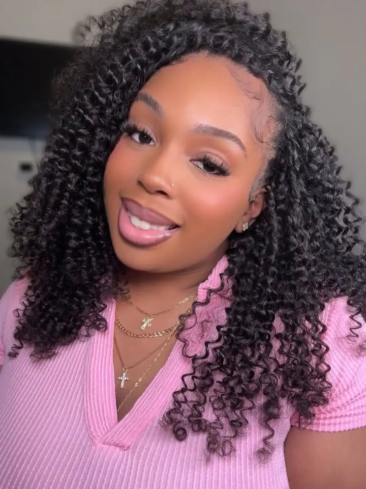 Model display of burmese curly with spiral curls feather crochet hair fe33