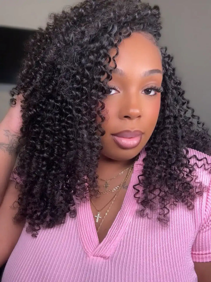 Model display of burmese curly with spiral curls feather crochet hair fe33