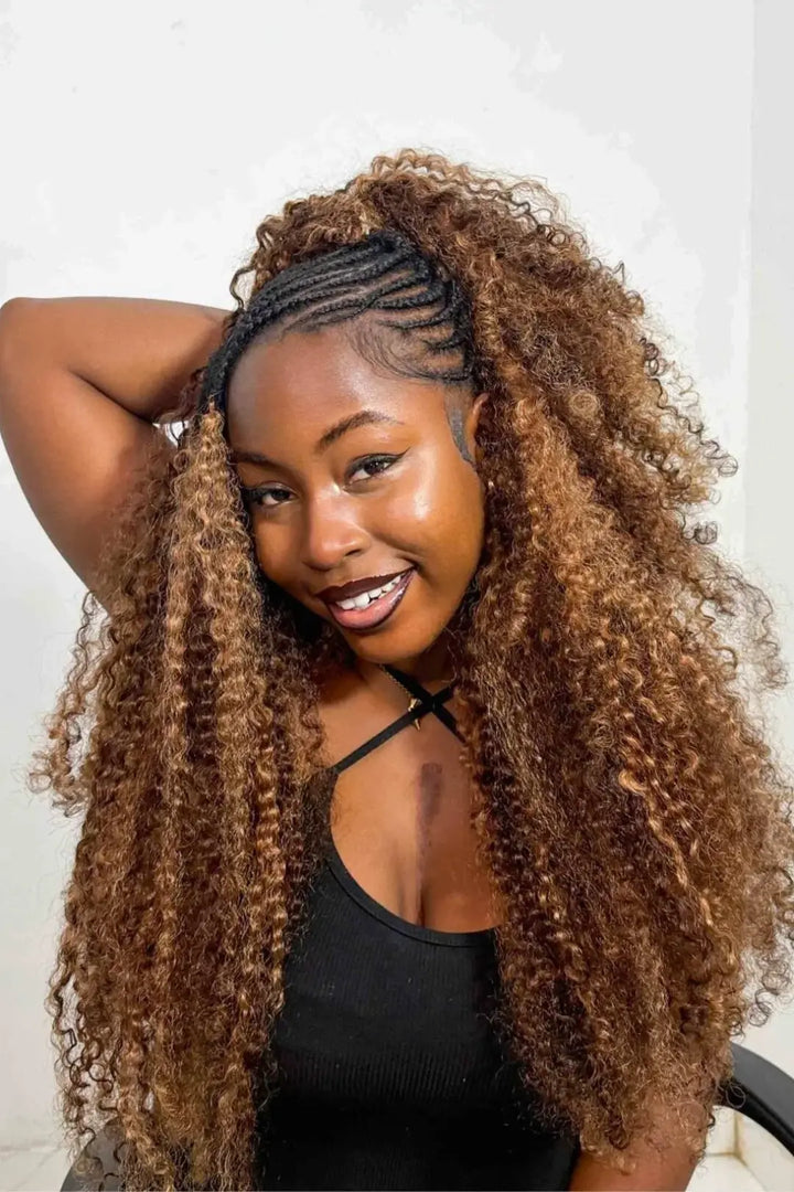 Model display picture of 4/30 mixed color burmese curly with spiral curls crochet miracle knots hair