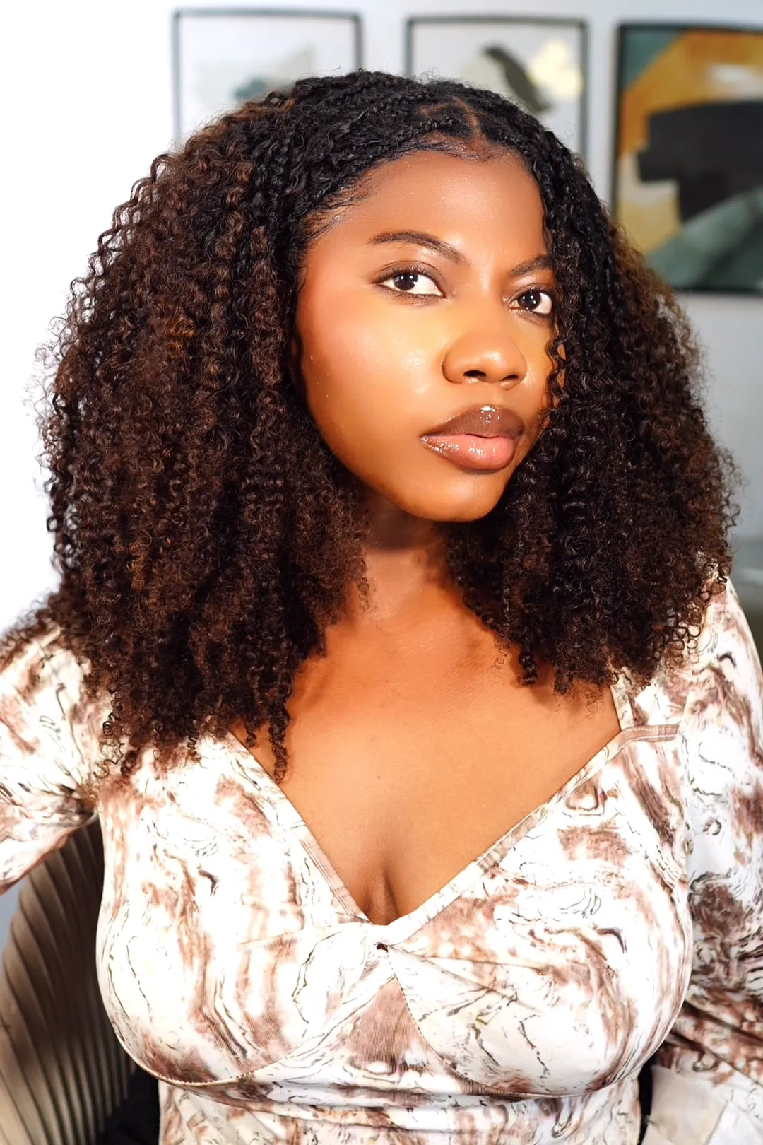 Model display picture of T1B/4 ombre color tight curly feather crochet human hair