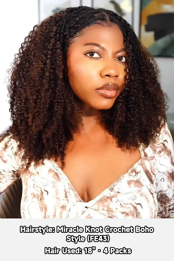 Model display picture of T1B/4 ombre color tight curly feather crochet human hair