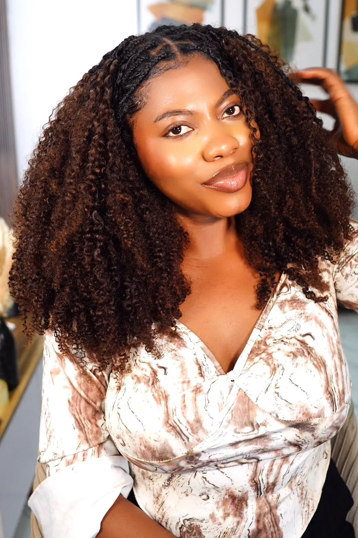 Model display picture of T1B/4 ombre color tight curly feather crochet human hair