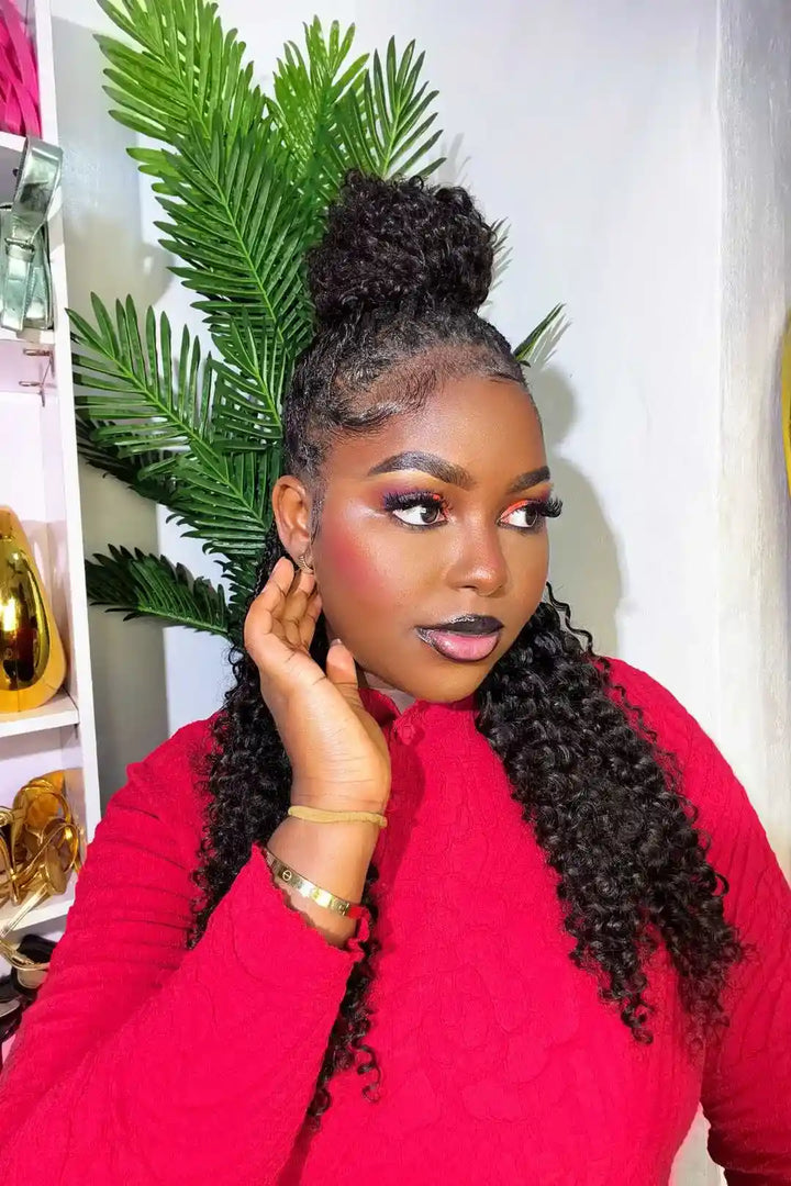 Model display picture of braiding feather crochet human hair spanish curly long cord for miracle knots