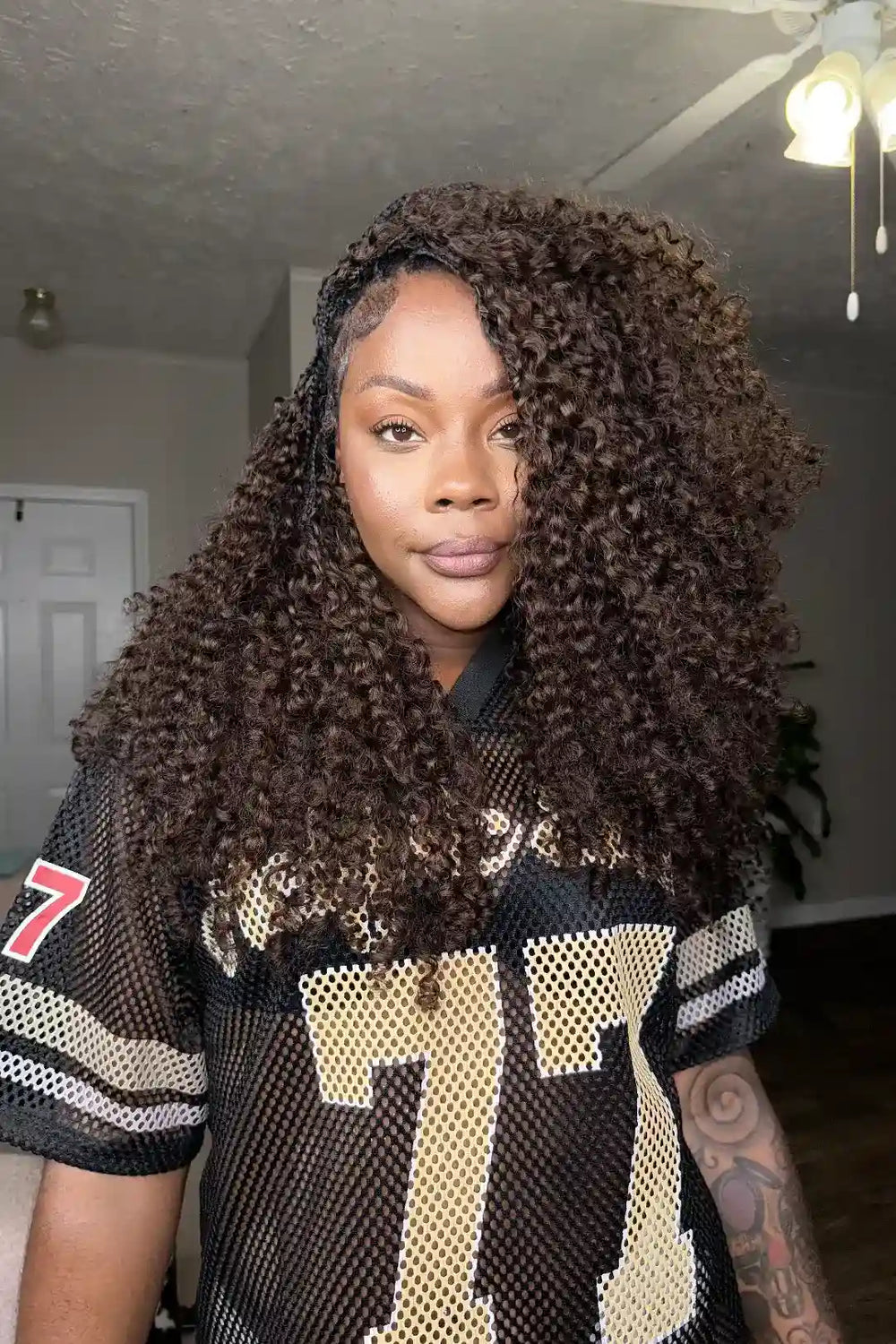 Model display picture of dark brown 4 burmese curly with spiral curls feather crochet miracle knots hair