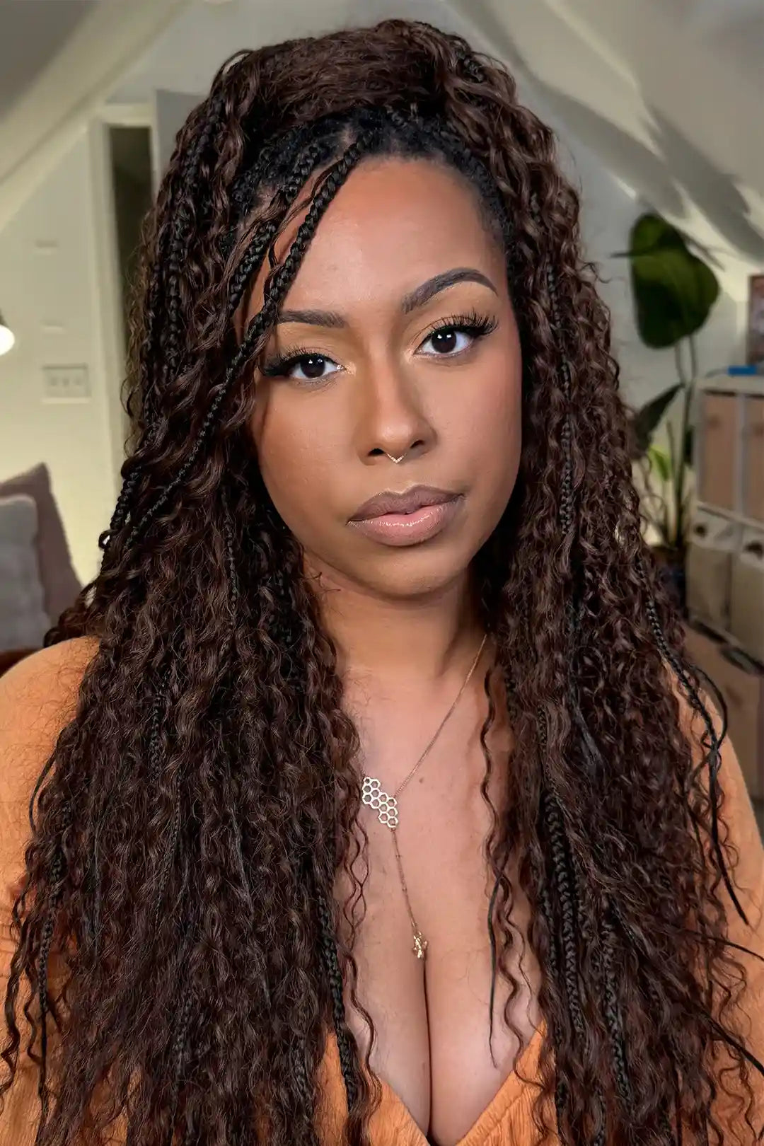 Model display picture of double drawn  4a dark brown bulk hair deep wave bu45