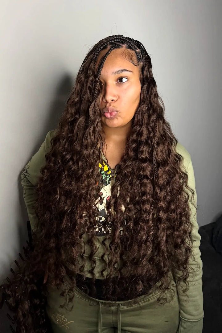 Model display picture of double drawn dark brown loose wave bulk hair for braiding bu63