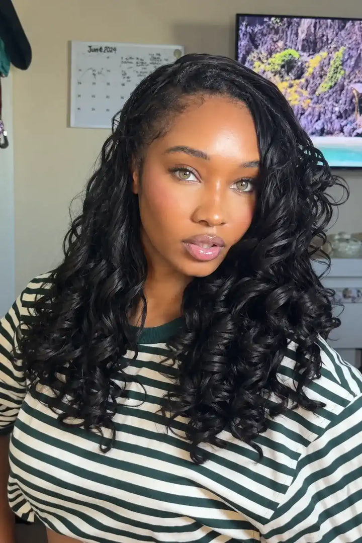 Model display picture of double drawn feather crochet hair extension french curl human hair