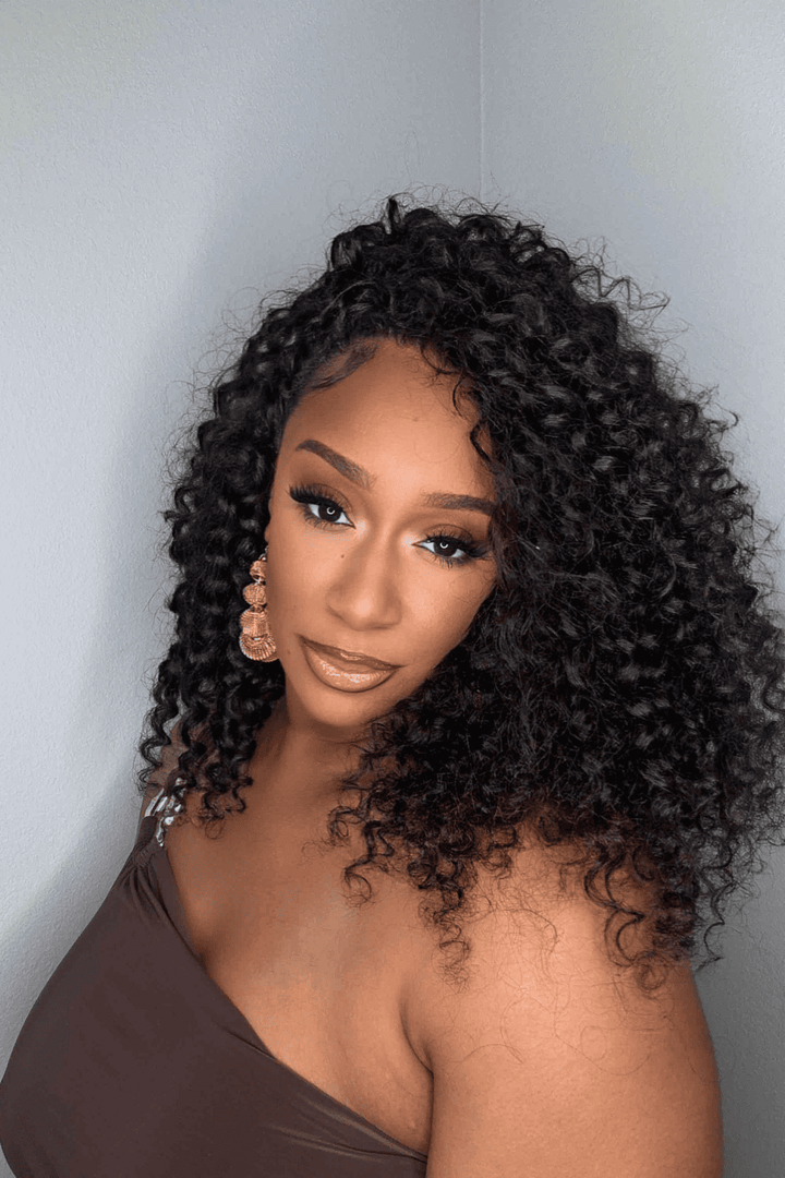 Model display picture of feather crochet hair extension deep wave human hair