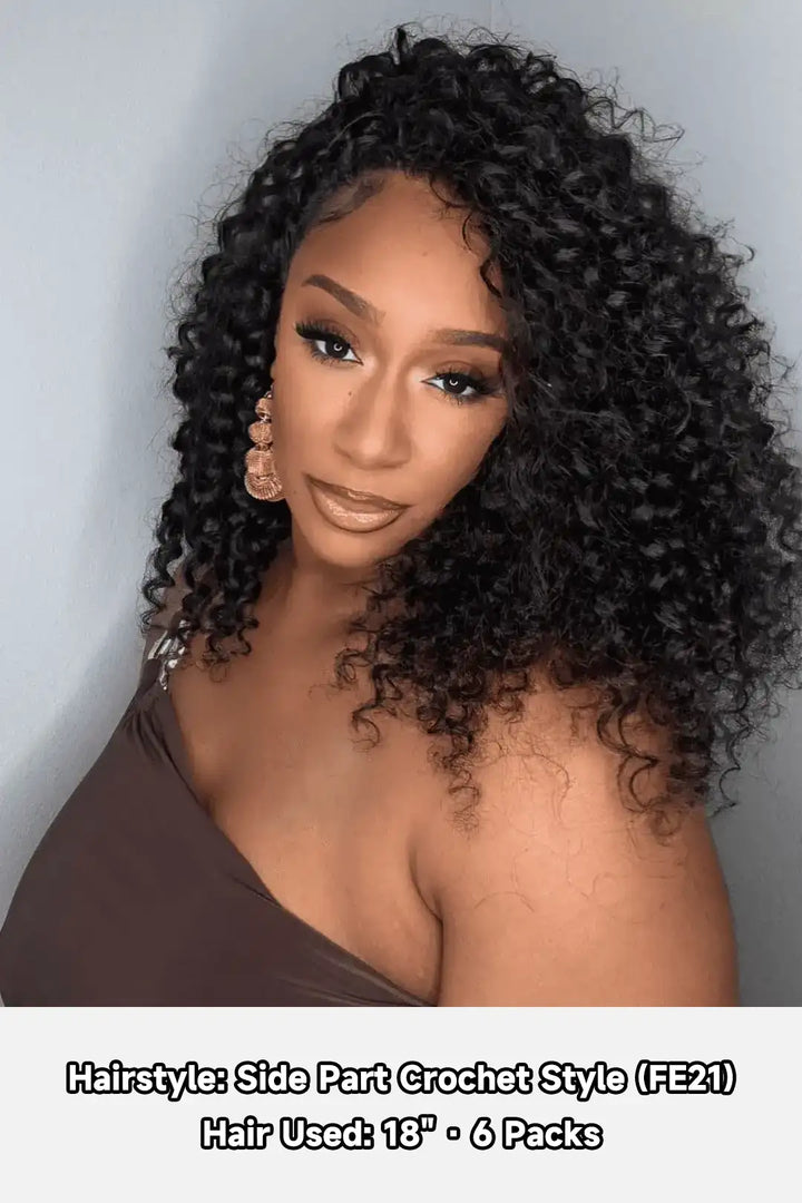 Model display picture of feather crochet hair extension deep wave human hair