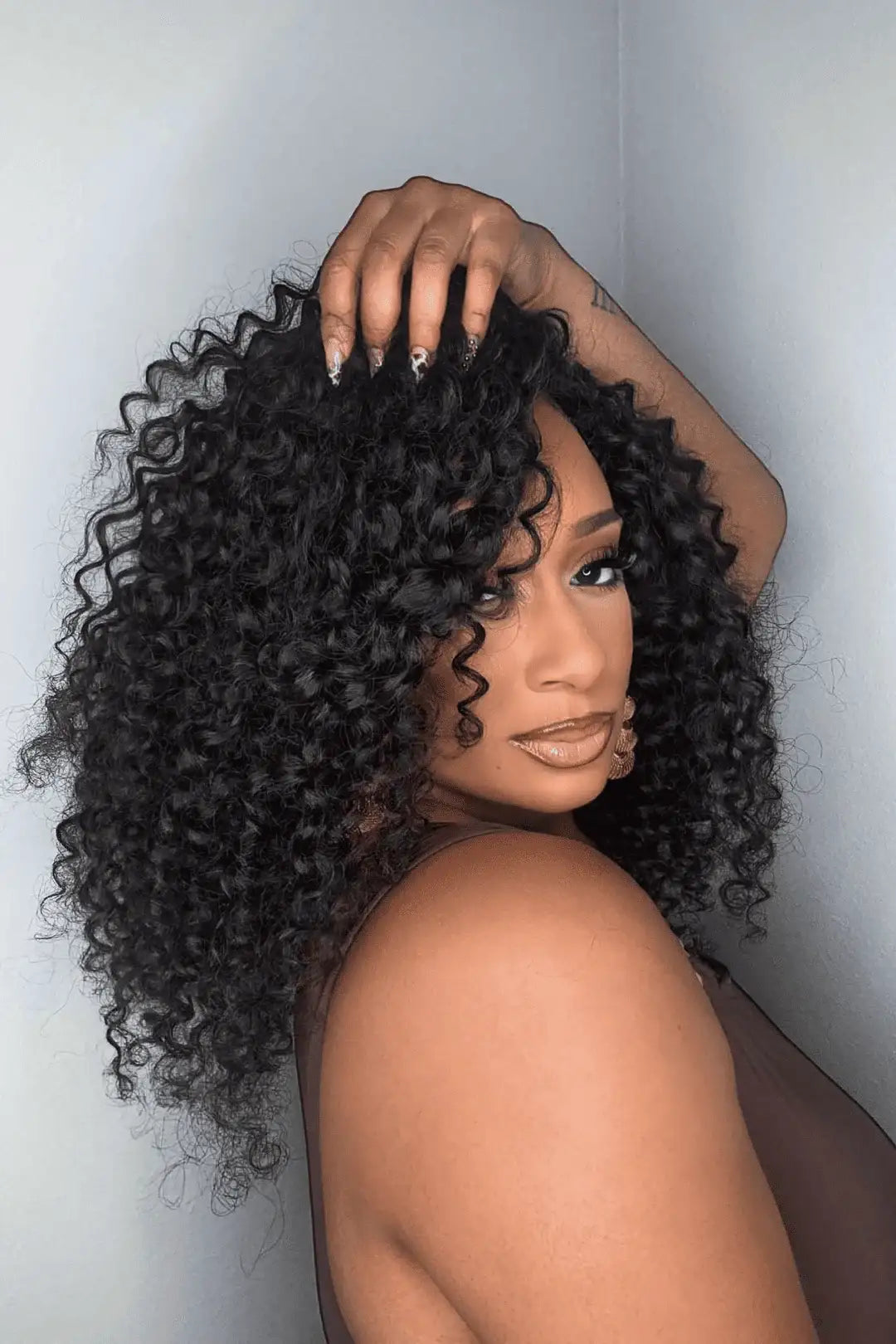 Model display picture of feather crochet hair extension deep wave human hair