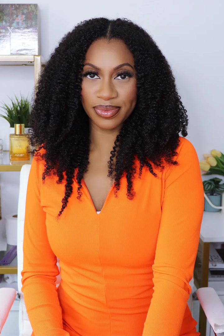 Model display picture of feather crochet hair extension tight curly human hair double strand fe24