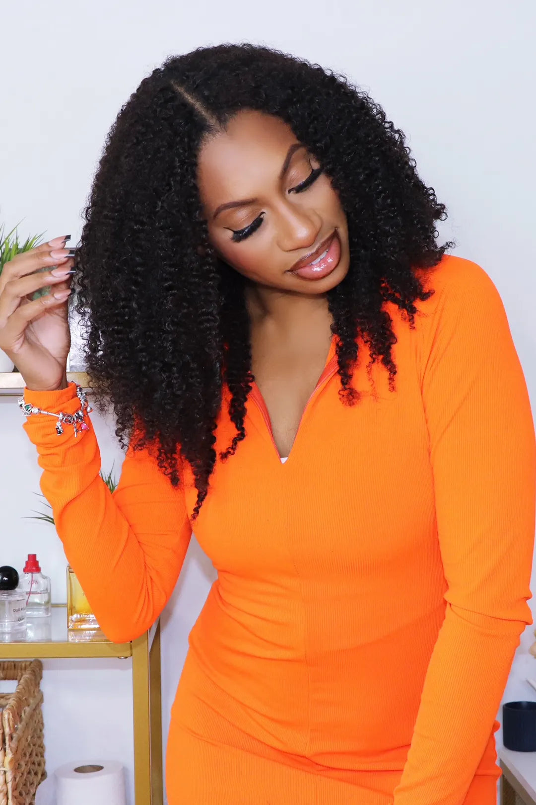 Model display picture of feather crochet hair extension tight curly human hair double strand fe24