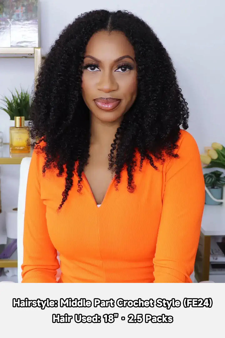 Model display picture of feather crochet hair extension tight curly human hair double strand fe24