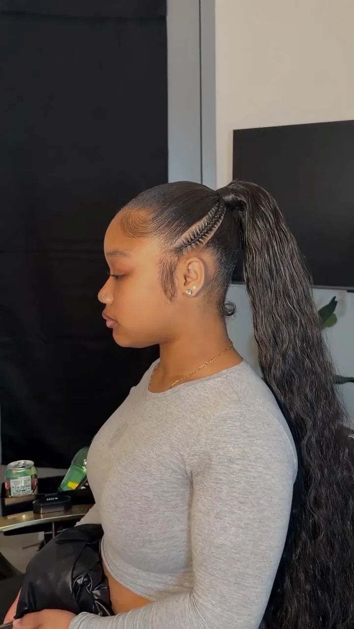 Sleek extra-long ponytail with a braided side detail, smooth edges, and natural wave texture, hairstylist located in Lanham, MD