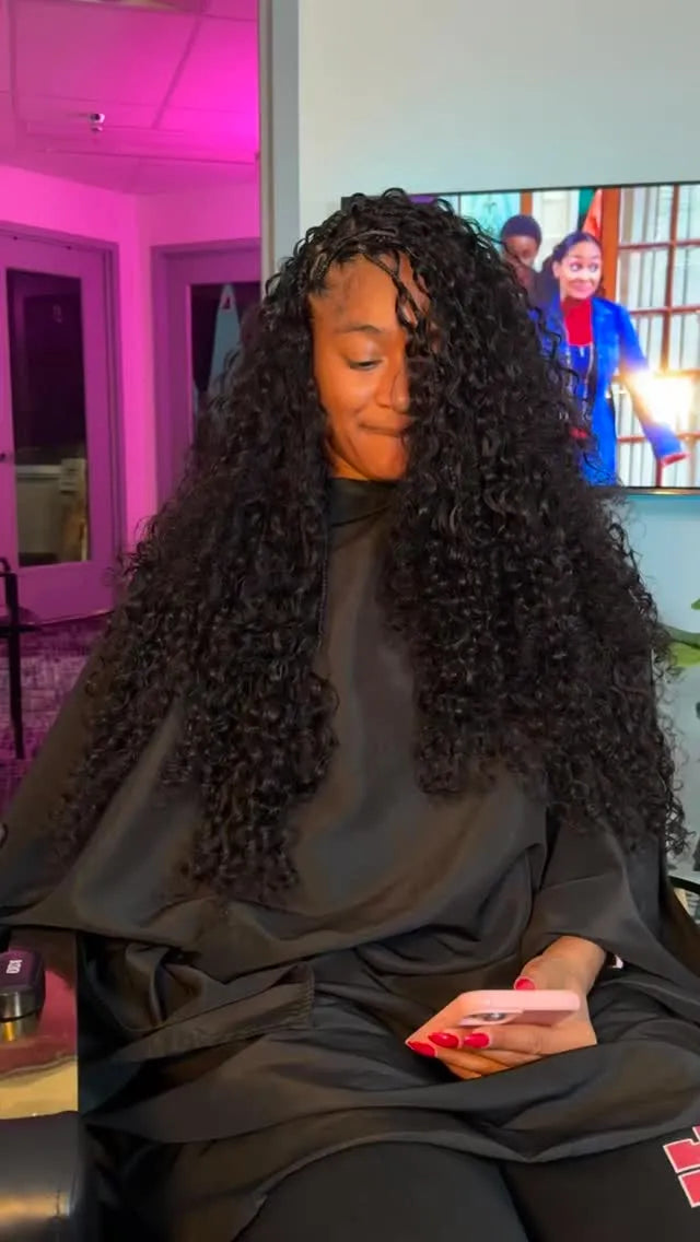 Extra-long curly miracle knot hairstyle with a side-swept finish and dense defined curls, hairstylist located in Lanham, MD