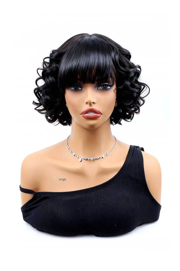 No Glue Lace Top Wigs Big Ocean Wave 12 inch Bob Human Hair with Bangs Natural Black