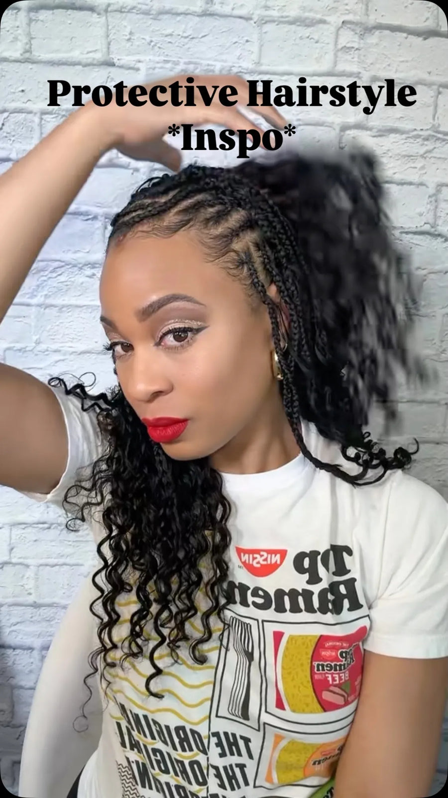 Side cornrow braids styled into a high curly ponytail with long defined black curls for a protective hairstyle, Stylist located in Gilbert, AZ