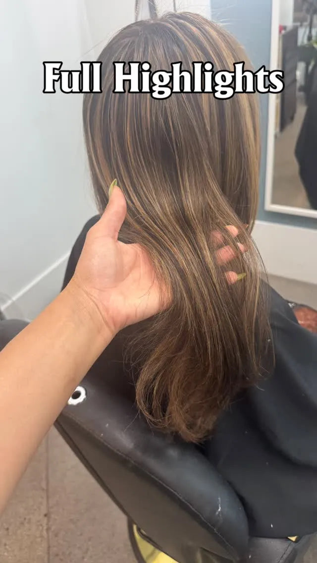 Medium-length straight hairstyle with dimensional brown and blonde full highlights and softly layered ends, Stylist located in Gilbert, AZ
